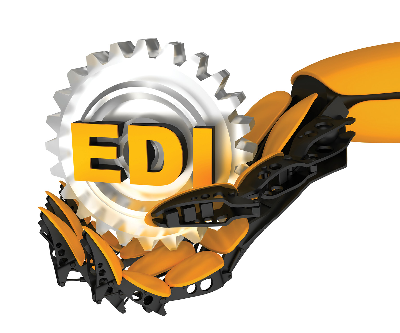 Mechanical arm holding a Managed EDI Services gear with the letters EDI on it. 