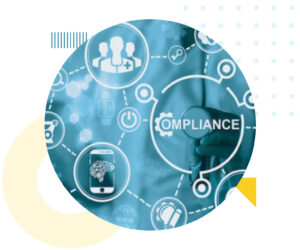 Life sciences ERP Compliance Graphic in blue and white showing industry images and connecting dotted lines.